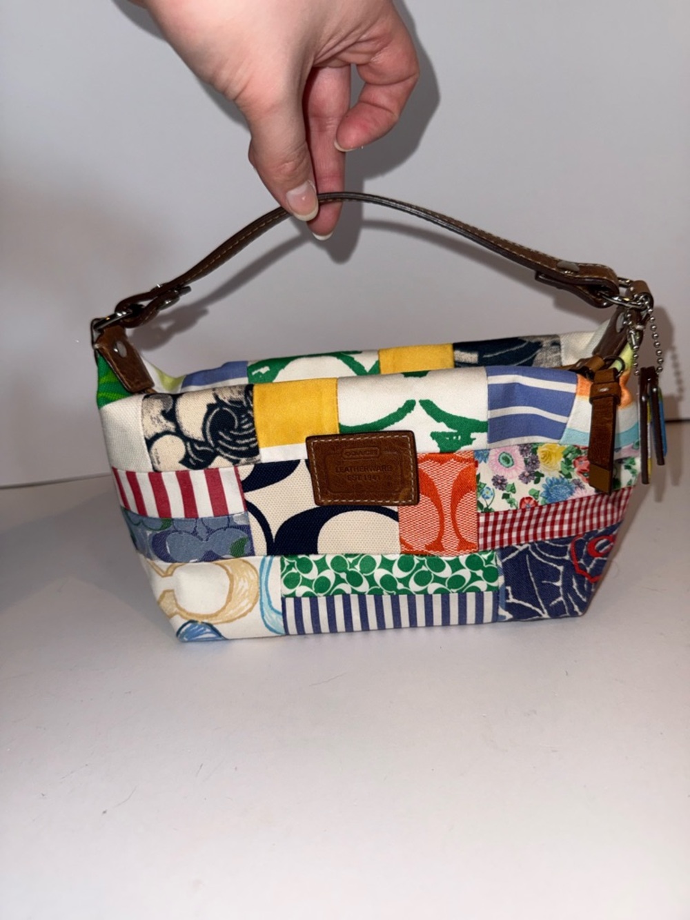 Coach Patchwork Mini Wristlet - Multicolor Canvas with Brown Trim
